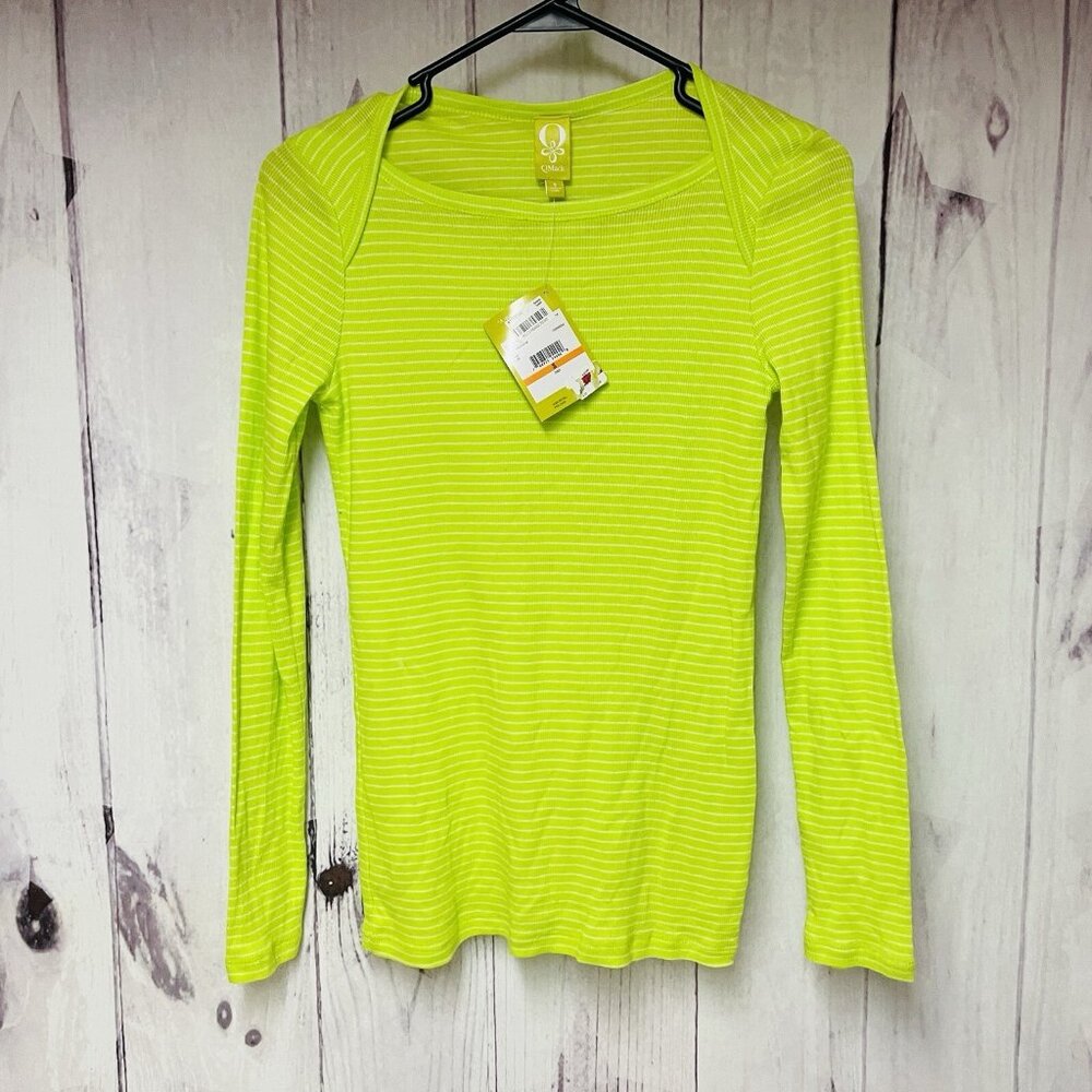 Q Mack Womens Size Small Long Sleeve Lime Punch Snow White Striped Shirt Top